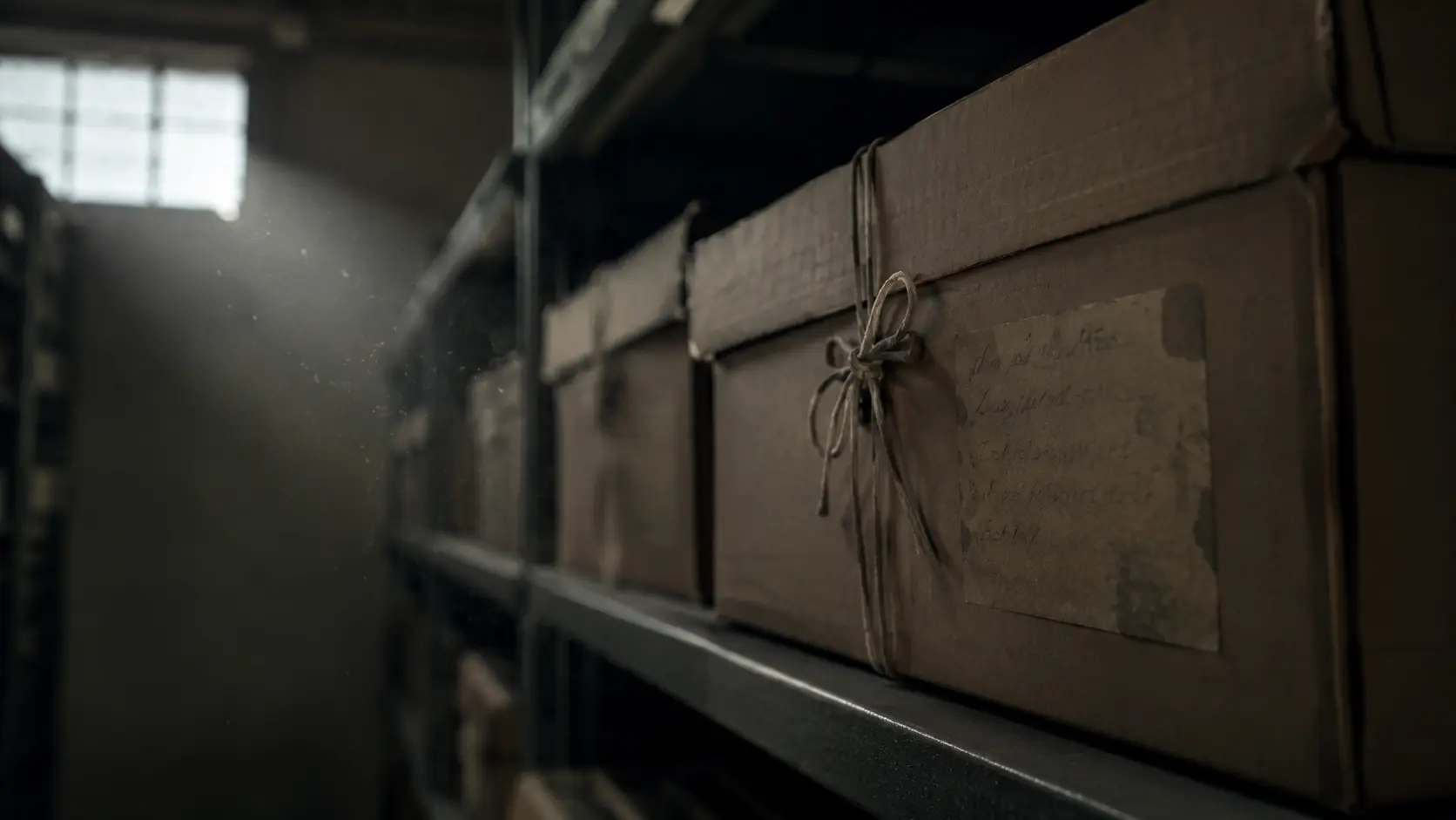 Boîte d'archives scellée sur une étagère métallique dans une salle de classement sombre