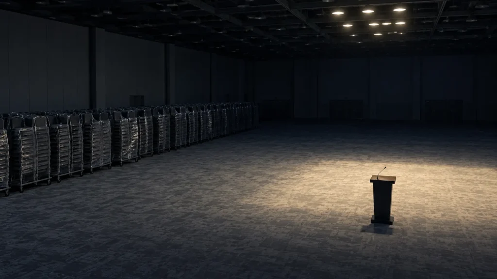 Salle de congrès vide avec chaises empilées sous des plafonniers éteints