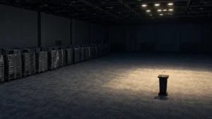 Salle de congrès vide avec chaises empilées sous des plafonniers éteints
