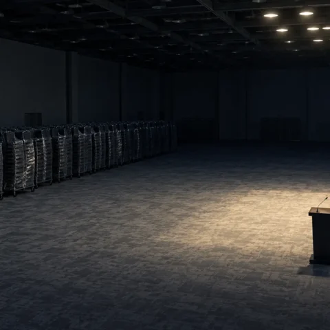 Salle de congrès vide avec chaises empilées sous des plafonniers éteints