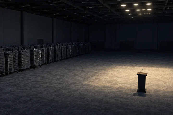 Salle de congrès vide avec chaises empilées sous des plafonniers éteints