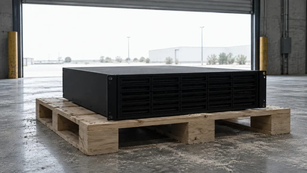 Boîtier de stockage noir sans étiquette posé sur une palette de bois