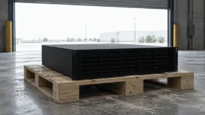 Boîtier de stockage noir sans étiquette posé sur une palette de bois