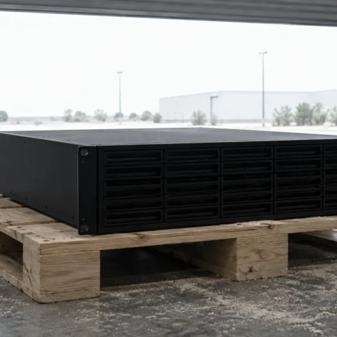 Boîtier de stockage noir sans étiquette posé sur une palette de bois