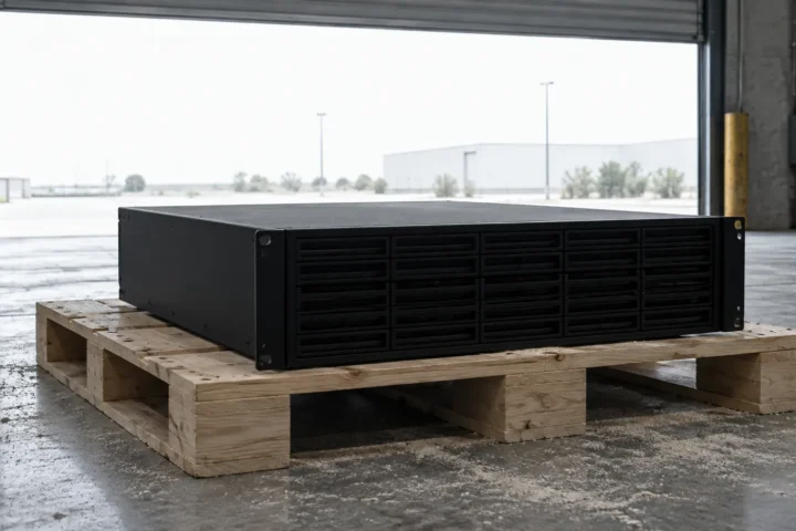 Boîtier de stockage noir sans étiquette posé sur une palette de bois