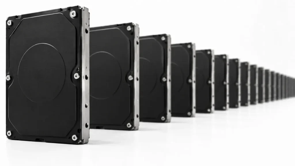 Longue rangée de disques durs noirs identiques alignés sur une surface blanche