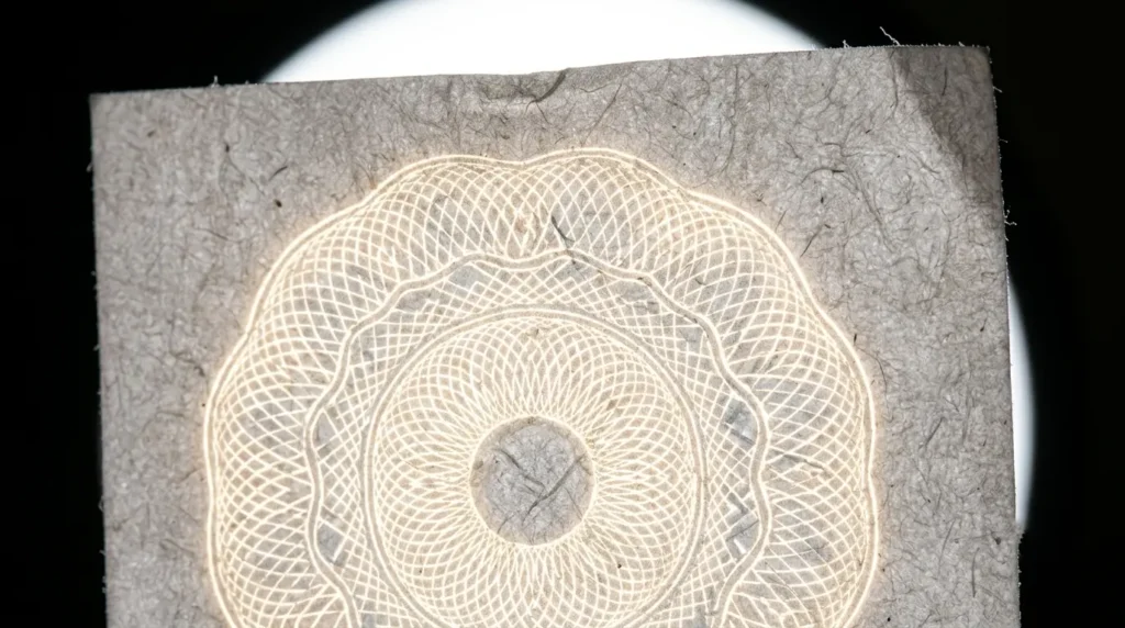 Feuille de papier éclairée à contre-jour révélant un filigrane