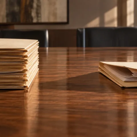 Deux piles de chemises inégales posées face à face sur une table de conférence