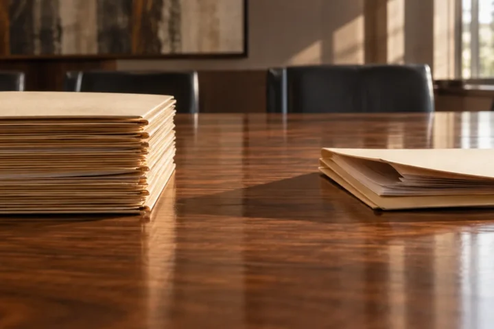 Deux piles de chemises inégales posées face à face sur une table de conférence