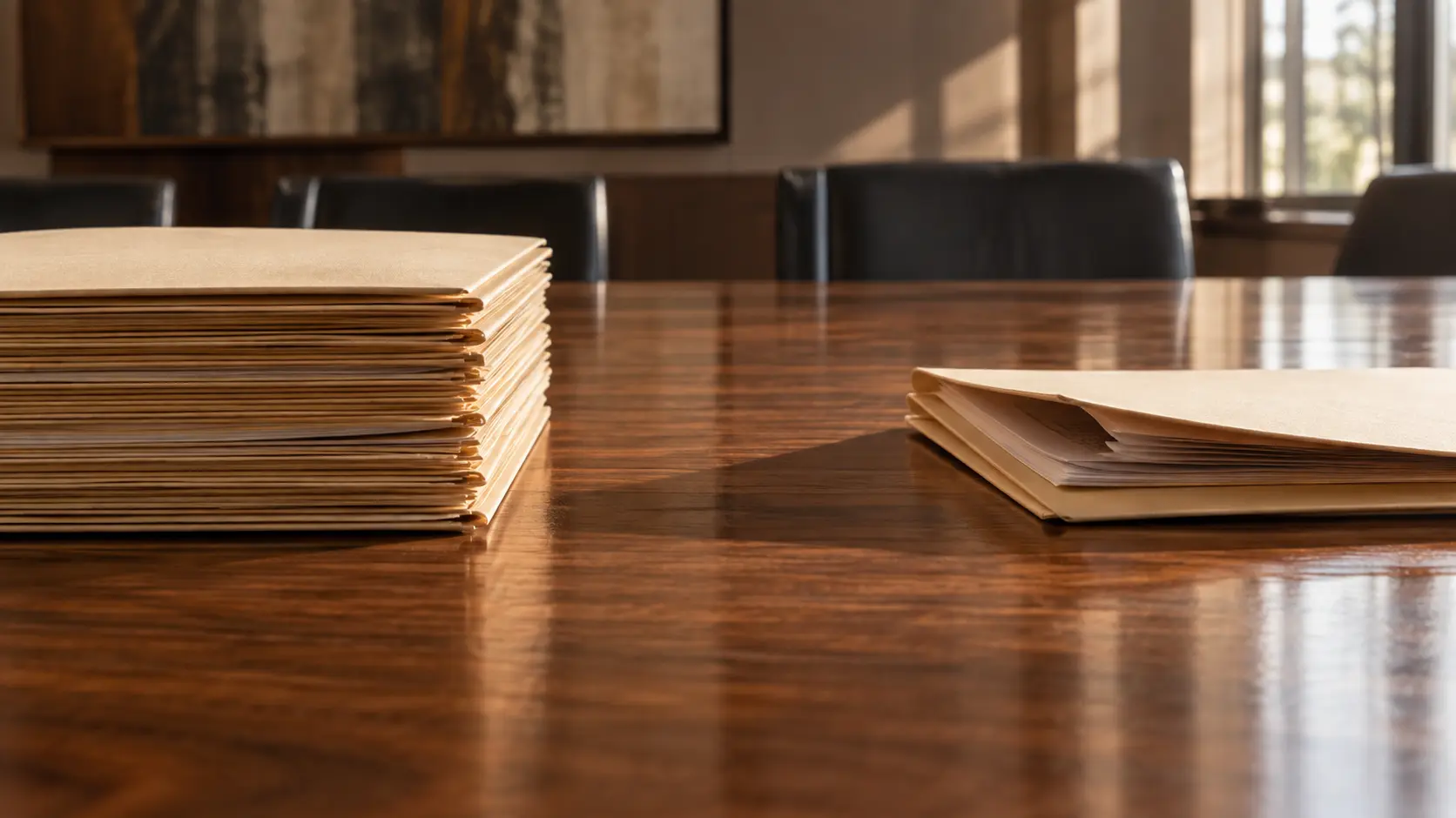Deux piles de chemises inégales posées face à face sur une table de conférence