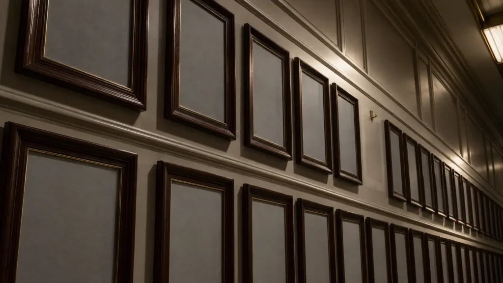 Mur de cadres de portraits vides dans un corridor de bureau