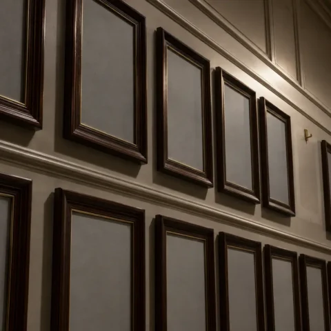 Mur de cadres de portraits vides dans un corridor de bureau