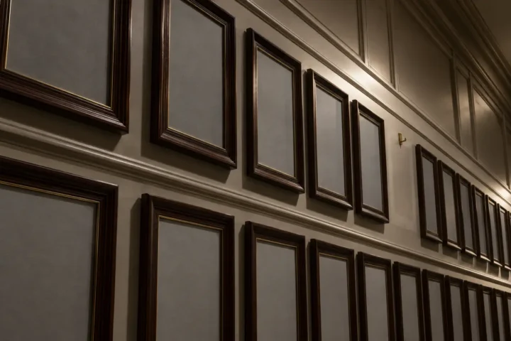 Mur de cadres de portraits vides dans un corridor de bureau