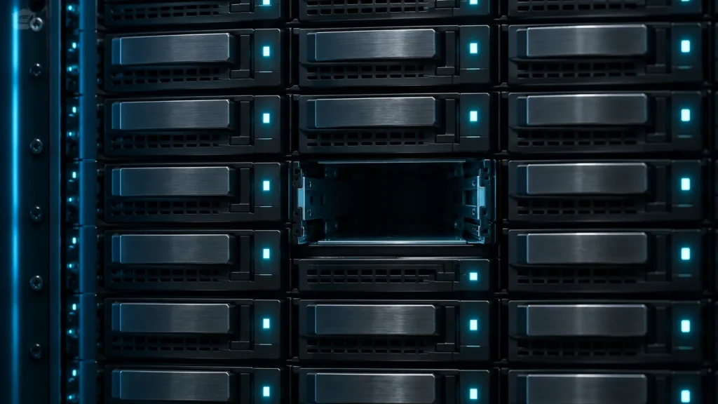 Baie de serveur avec un emplacement de disque vide au centre de la rangée