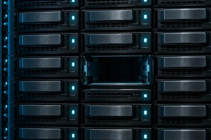 Baie de serveur avec un emplacement de disque vide au centre de la rangée