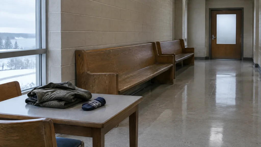 Corridor de palais de justice désert, bancs de bois vides devant une porte de salle d'audience fermée.