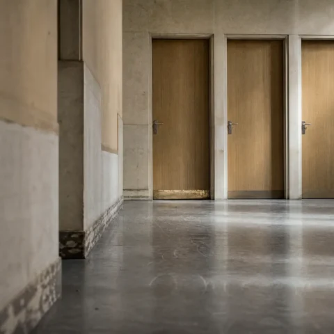 Trois portes identiques et closes au bout d'un couloir, seuils inégalement usés