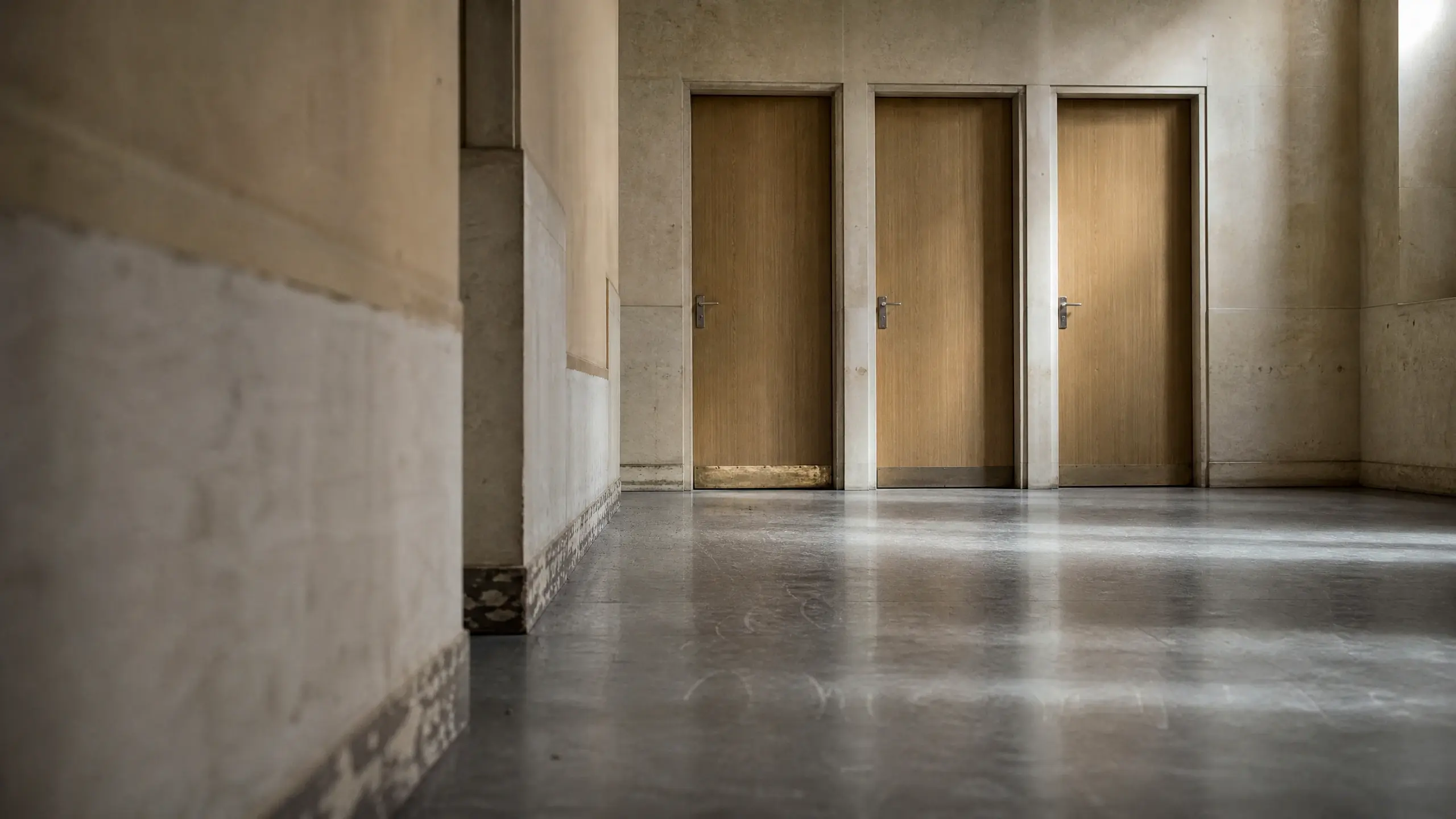 Trois portes identiques et closes au bout d'un couloir, seuils inégalement usés