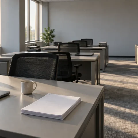 Plateau de bureaux administratifs désert en fin de journée, postes de travail identiques et documents vierges sur une table.