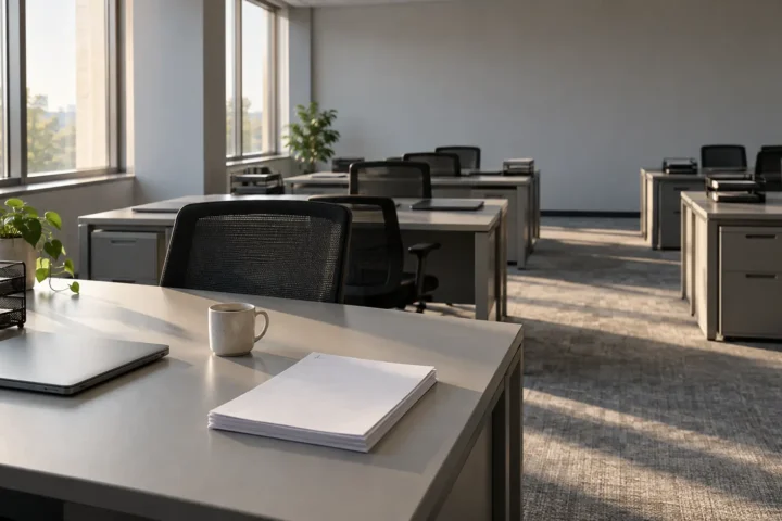 Plateau de bureaux administratifs désert en fin de journée, postes de travail identiques et documents vierges sur une table.