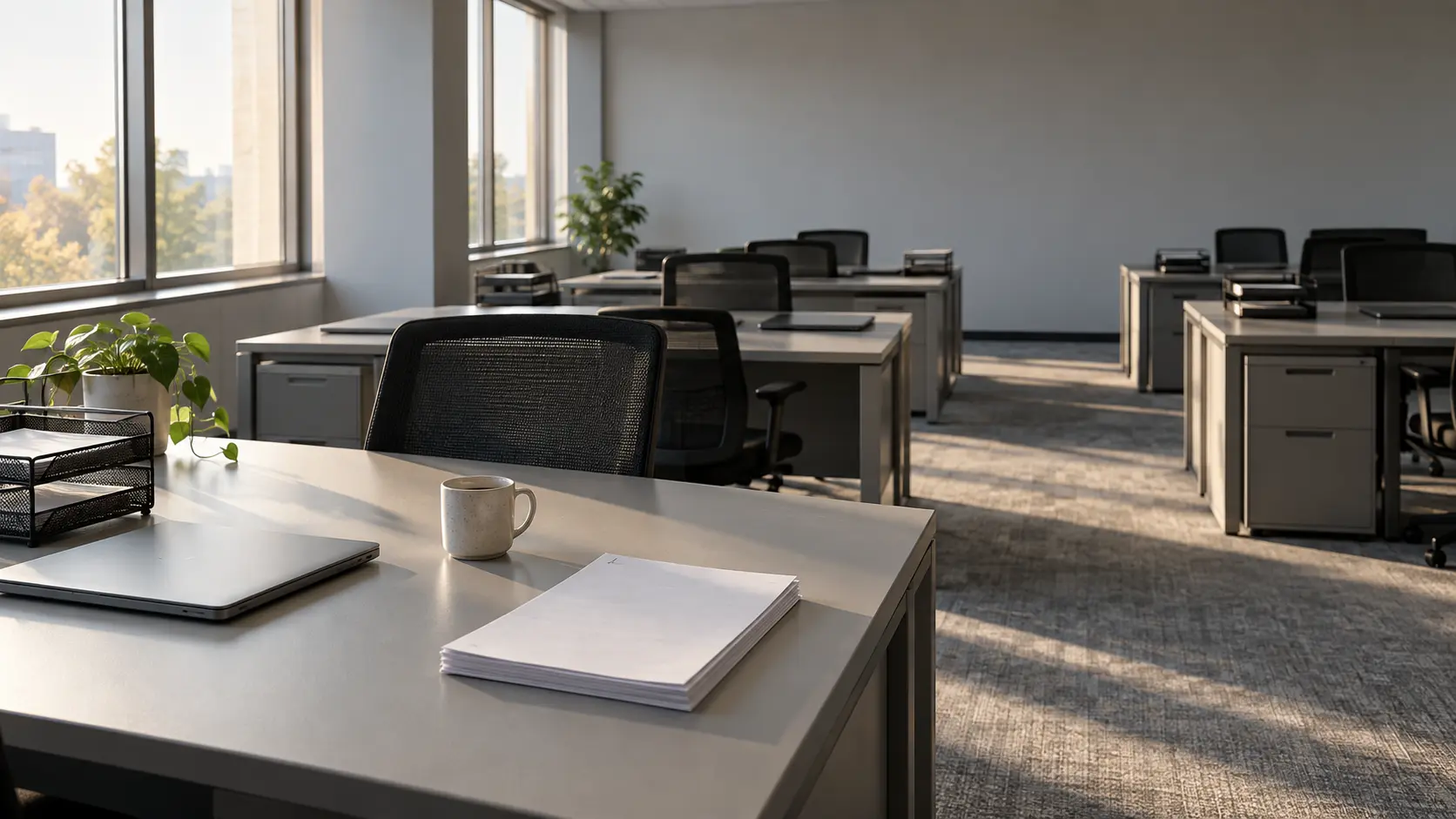 Plateau de bureaux administratifs désert en fin de journée, postes de travail identiques et documents vierges sur une table.