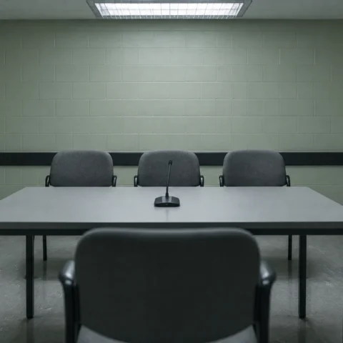 Salle d'audience sécurisée vide d'un établissement de psychiatrie légale, avec trois chaises de commissaires face à une chaise inoccupée.