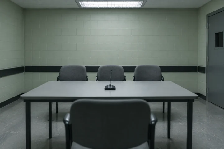 Salle d'audience sécurisée vide d'un établissement de psychiatrie légale, avec trois chaises de commissaires face à une chaise inoccupée.