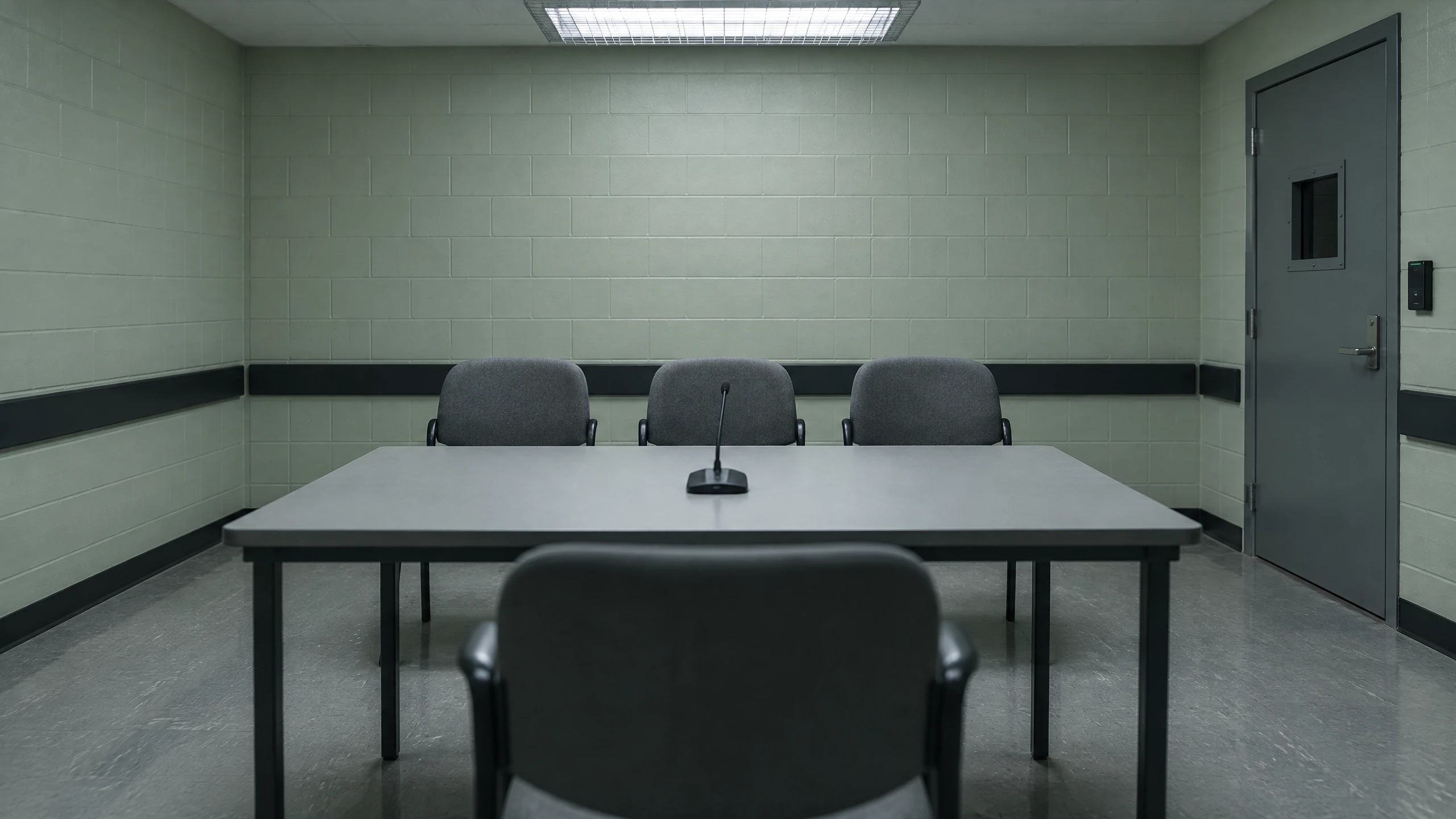 Salle d'audience sécurisée vide d'un établissement de psychiatrie légale, avec trois chaises de commissaires face à une chaise inoccupée.