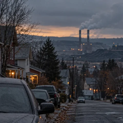 Rue résidentielle au crépuscule, avec au loin des cheminées industrielles et un panache de fumée