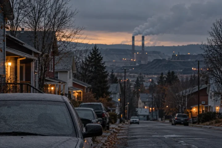 Rue résidentielle au crépuscule, avec au loin des cheminées industrielles et un panache de fumée