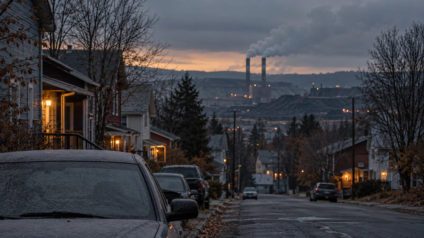 Rue résidentielle au crépuscule, avec au loin des cheminées industrielles et un panache de fumée