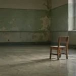 Petite chaise de bois pour enfant, seule dans une salle vide et défraîchie