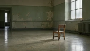 Petite chaise de bois pour enfant, seule dans une salle vide et défraîchie