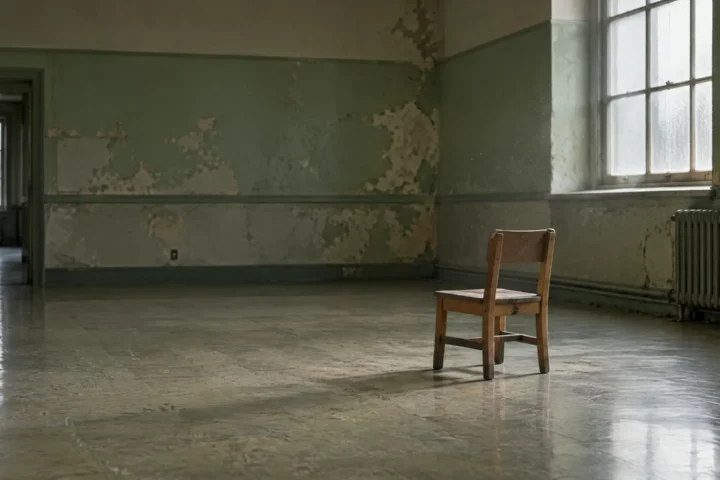 Petite chaise de bois pour enfant, seule dans une salle vide et défraîchie