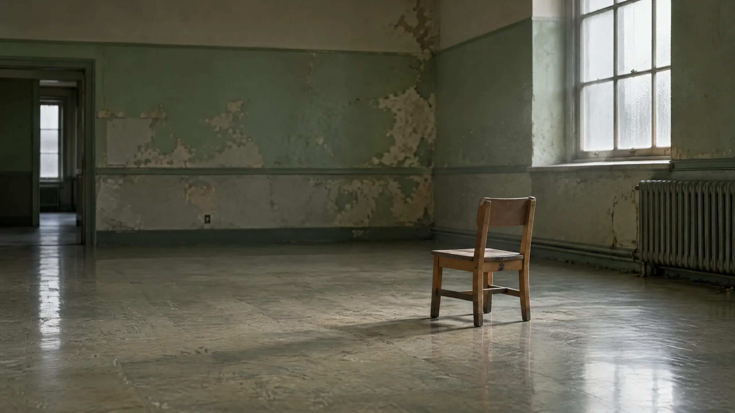 Petite chaise de bois pour enfant, seule dans une salle vide et défraîchie
