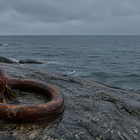 Anneau d'amarrage rouillé scellé dans la roche, face à un horizon vide au crépuscule