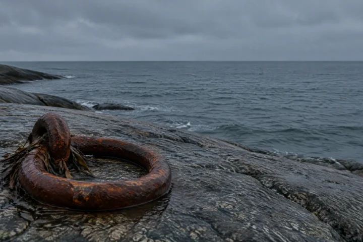 Anneau d'amarrage rouillé scellé dans la roche, face à un horizon vide au crépuscule