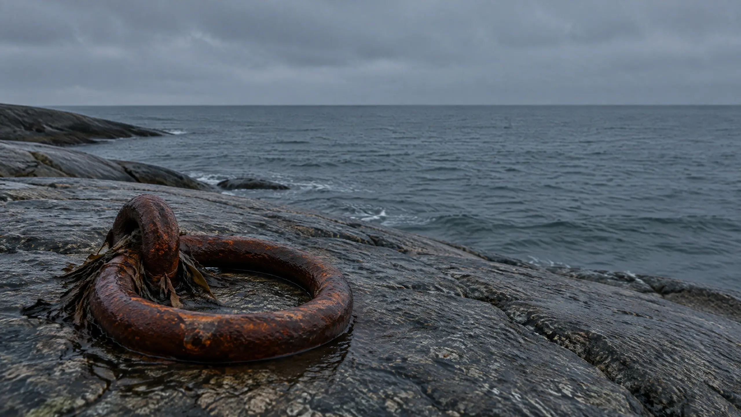 Anneau d'amarrage rouillé scellé dans la roche, face à un horizon vide au crépuscule