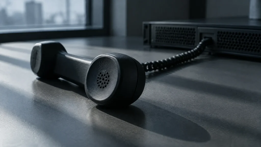Combiné téléphonique noir décroché sur un bureau, relié à un boîtier informatique