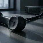 Combiné téléphonique noir décroché sur un bureau, relié à un boîtier informatique