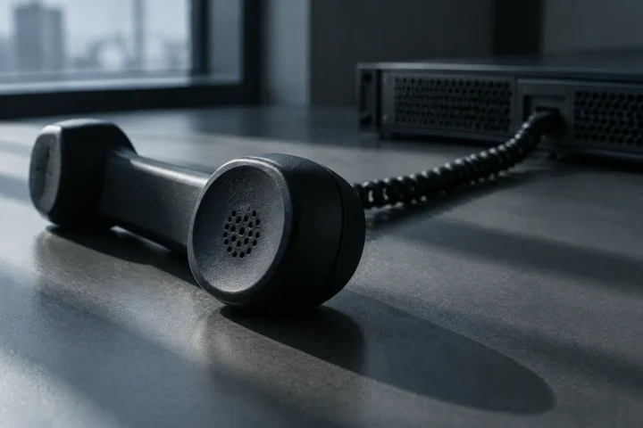 Combiné téléphonique noir décroché sur un bureau, relié à un boîtier informatique