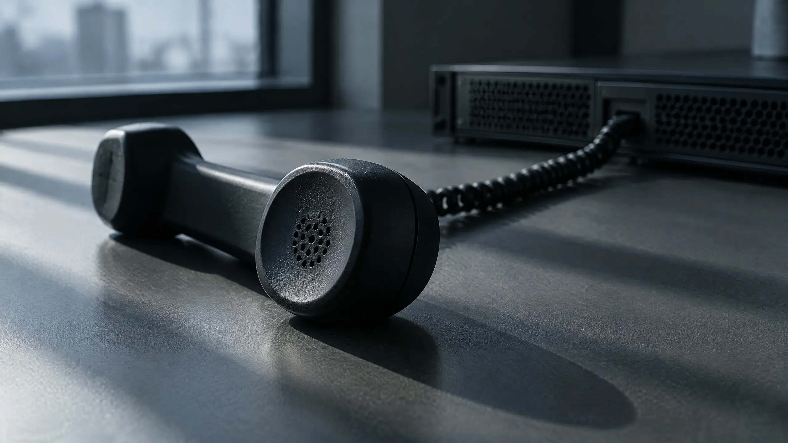 Combiné téléphonique noir décroché sur un bureau, relié à un boîtier informatique