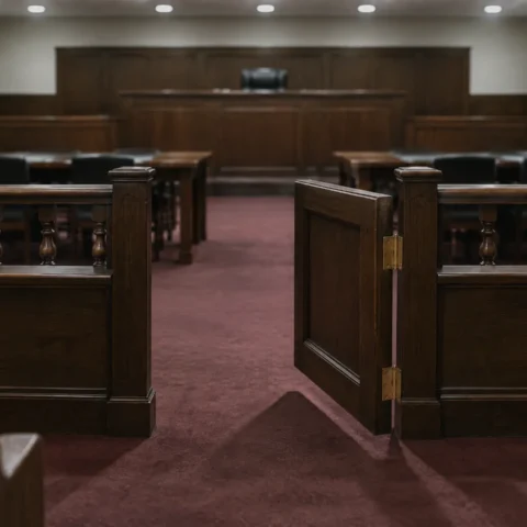 Barre de séparation en bois d'une salle d'audience vide, sa porte battante ouverte sur le parquet inoccupé du tribunal.