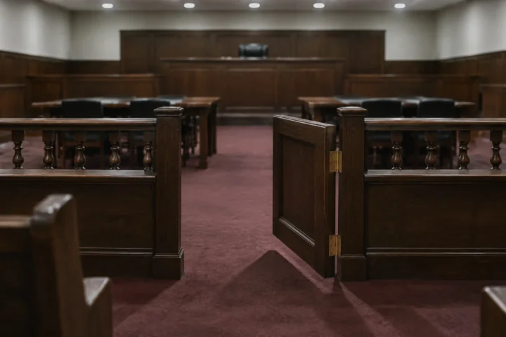 Barre de séparation en bois d'une salle d'audience vide, sa porte battante ouverte sur le parquet inoccupé du tribunal.