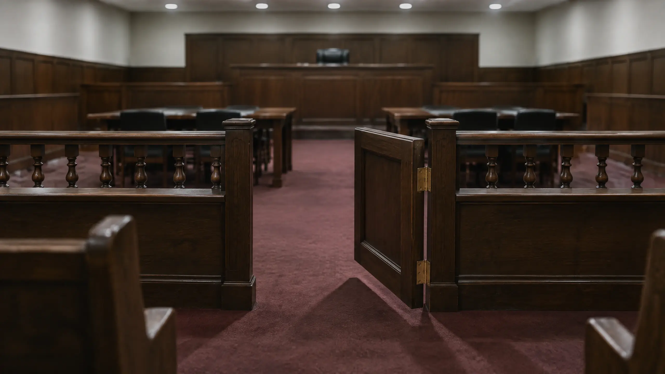 Barre de séparation en bois d'une salle d'audience vide, sa porte battante ouverte sur le parquet inoccupé du tribunal.