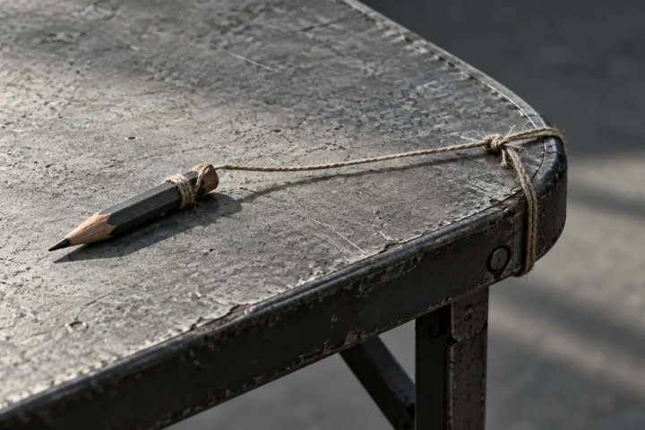 Crayon court attaché par une ficelle au bord d'une table pliante
