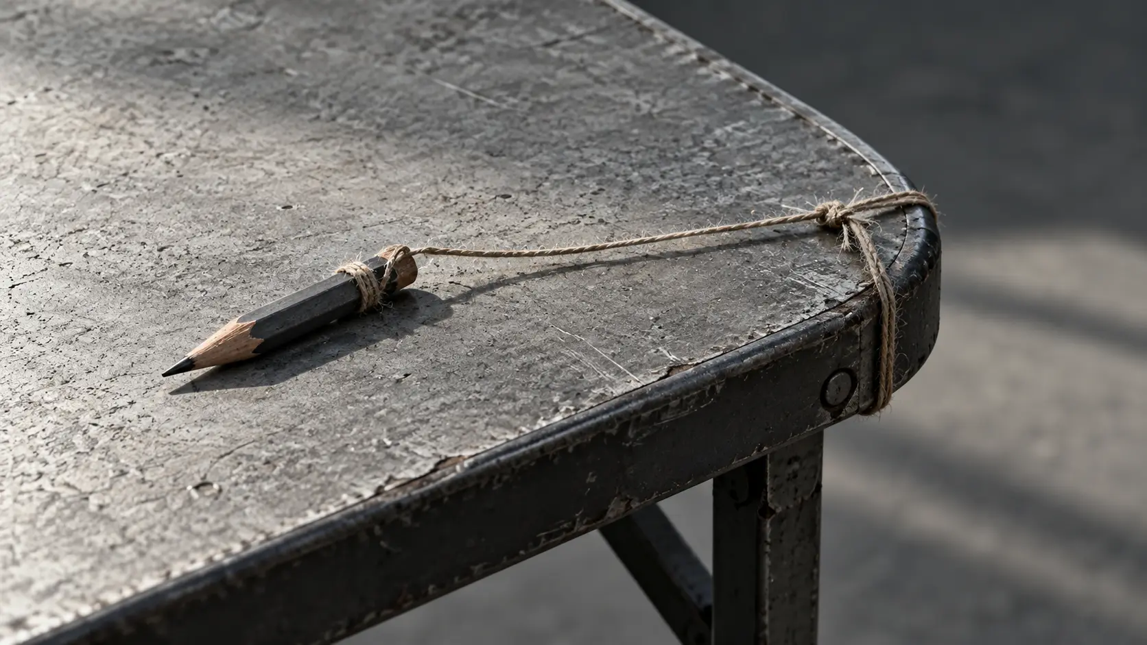 Crayon court attaché par une ficelle au bord d'une table pliante