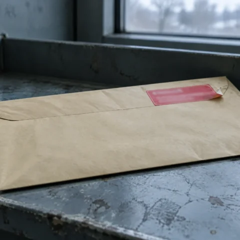 Enveloppe de retour préaffranchie posée sur un bac de courrier, autocollant postal décollé