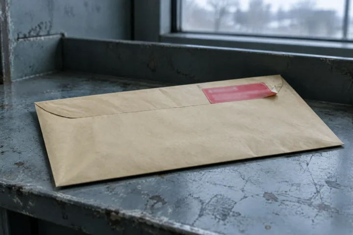 Enveloppe de retour préaffranchie posée sur un bac de courrier, autocollant postal décollé