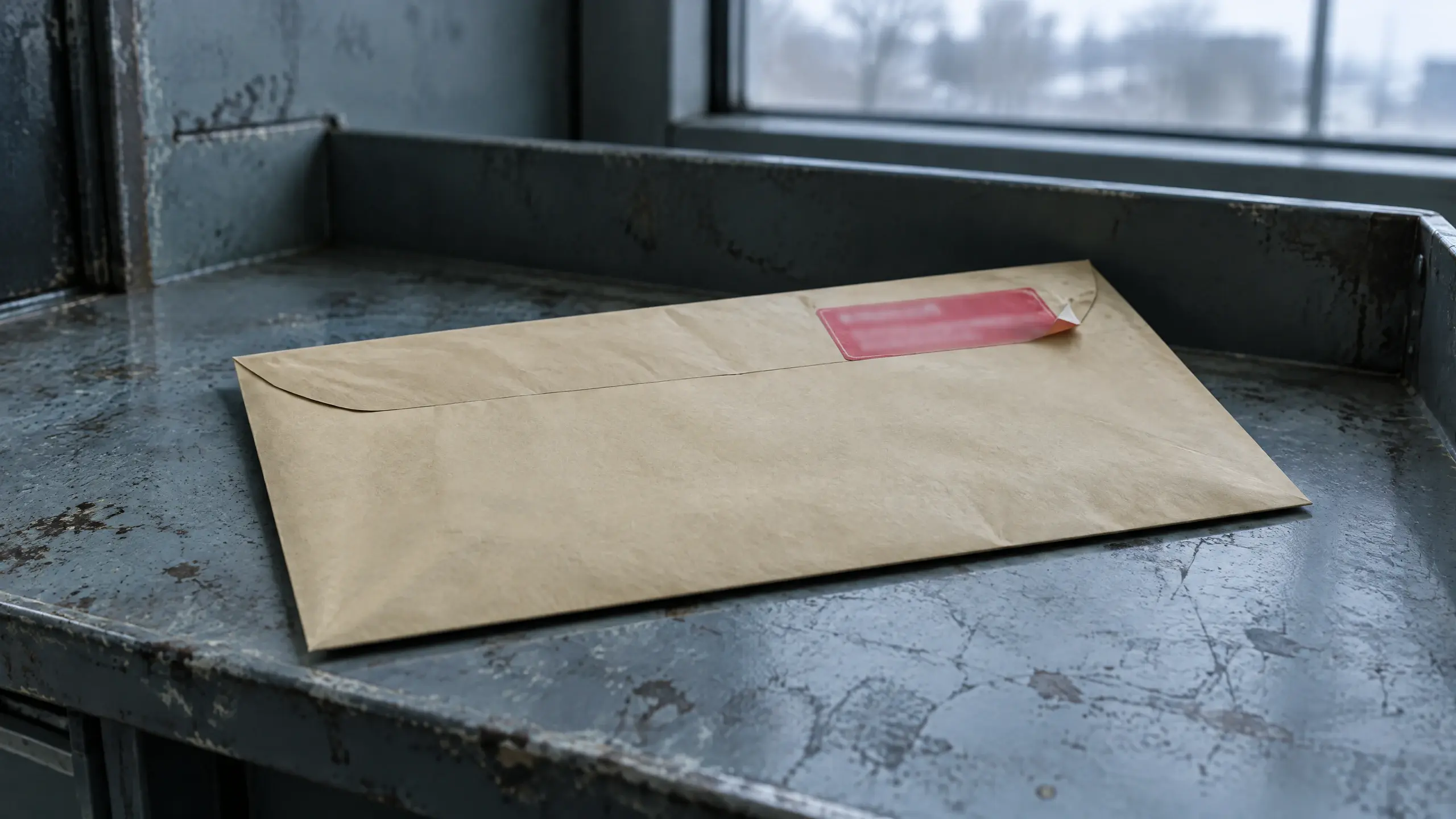 Enveloppe de retour préaffranchie posée sur un bac de courrier, autocollant postal décollé